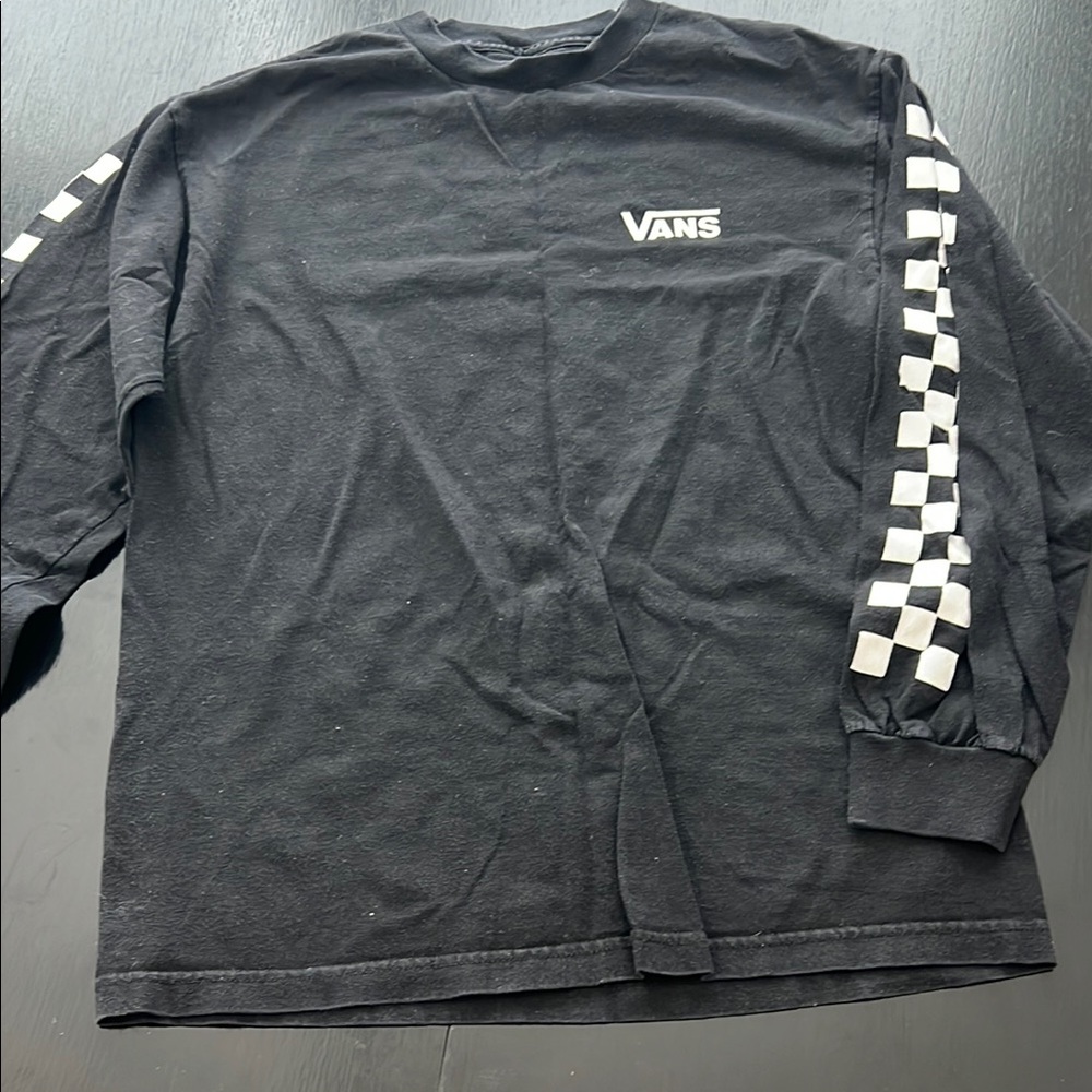 Vans Black Long Sleeve Shirt with Checkered Sleeves